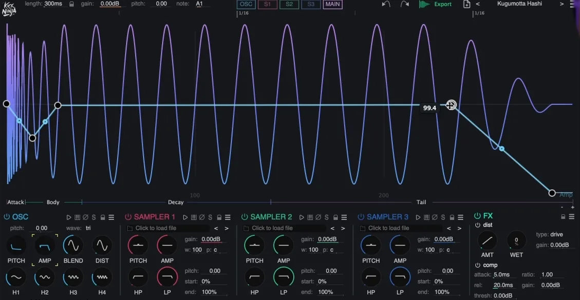 The amp envelope shaping the kick's volume over time, with a dip after the attack