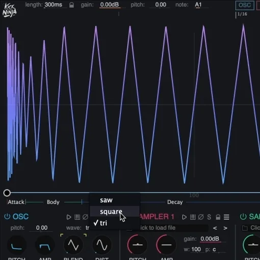 The blend knob morphing the waveform between triangle, square and saw
