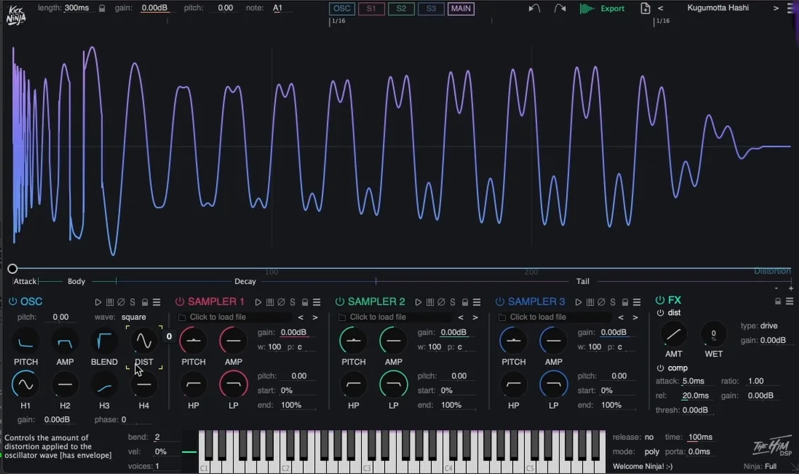 The oscillator distortion knob driving the whole signal