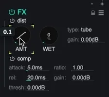 The per-voice FX section with tube distortion and a compressor