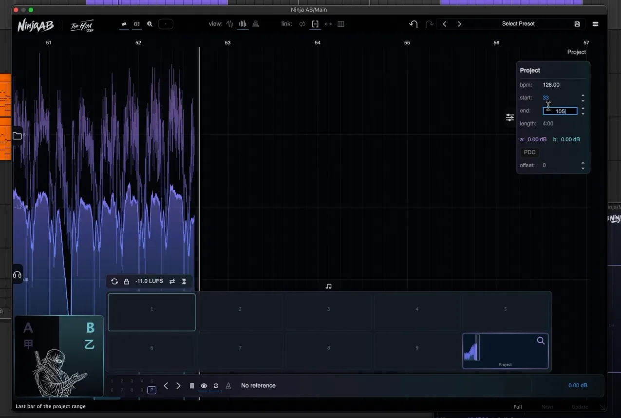 Ninja AB capturing the project while the start and end bars are set in the settings panel