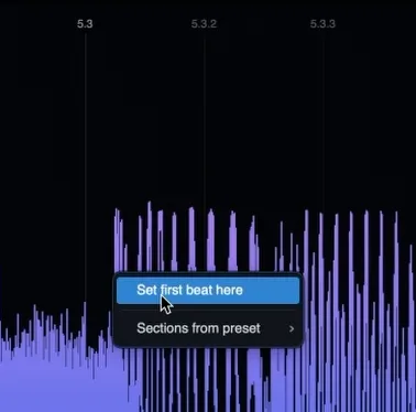 Right-click context menu on the waveform with 'Set first beat here' highlighted