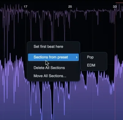 The right-click 'Sections from preset' menu showing Pop and EDM